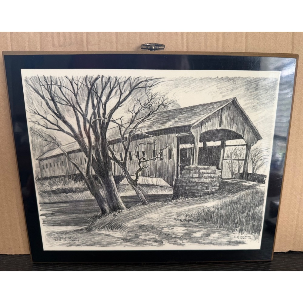 Vintage R. Misselhorn Roseville Bridge Indiana Wood Plaque Lithograph Art Print